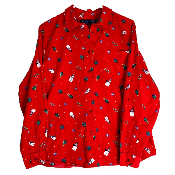 KAREN SCOTT Christmas Button Front Collared Shirt Large 100% Cotton Holiday Red - Picture 1 of 10